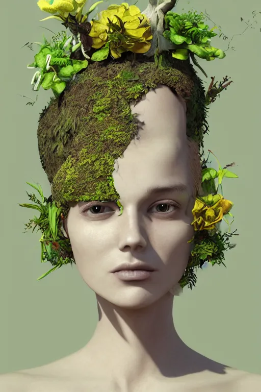 Image similar to nonbinary model, subject made of cracked clay, vine headdress, moss patches, 2 0 mm, with pastel yellow and green flowers bursting out, melting into oddish, delicate, beautiful, intricate, houdini sidefx, by jeremy mann and ilya kuvshinov, jamie hewlett and ayami kojima, bold 3 d