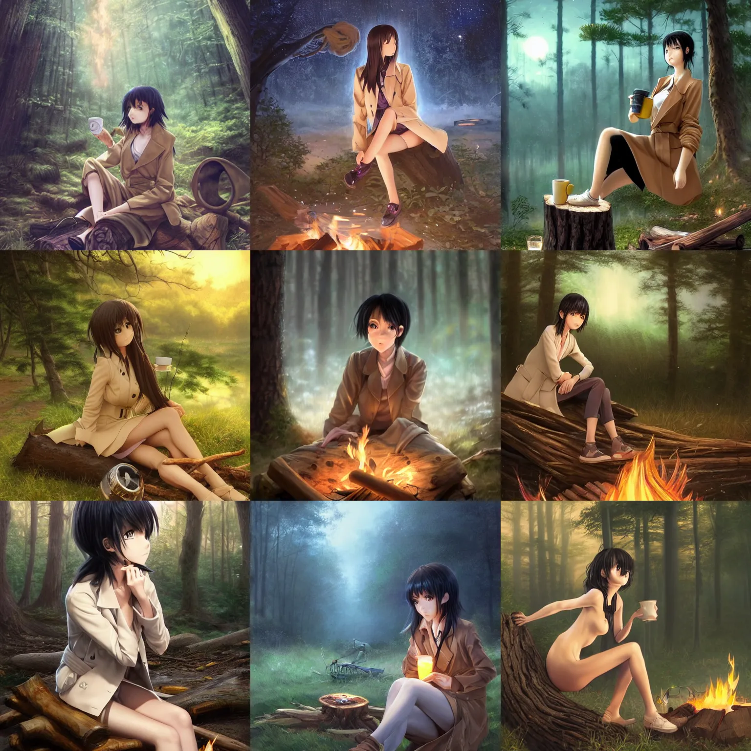 Prompt: A hyper realistic 3d anime girl by WLOP with short black hair and green eyes in a tan trenchcoat sitting on a log and drinking tea by the campfire by her motorcycle at night under the stars, evocative, mystical night, very very very very detailed, award winning, masterpiece digital painting by Greg Rutkowski, Alex Grey, artstation, 4k wallpaper