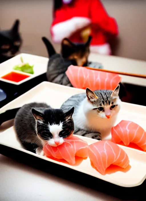 Image similar to clear photograph of cute cats stealing sushi from sushi plates