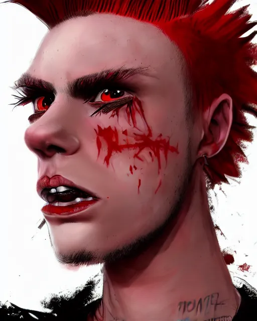 Image similar to young man with a short red dyed mohawk, red irises and a slim face, piercings, dressed in crustpunk clothing, headshot, attractive, handsome, model, trending on artstation, high quality art, character design, realism art, award winning art, in color, no makeup, no tattoos