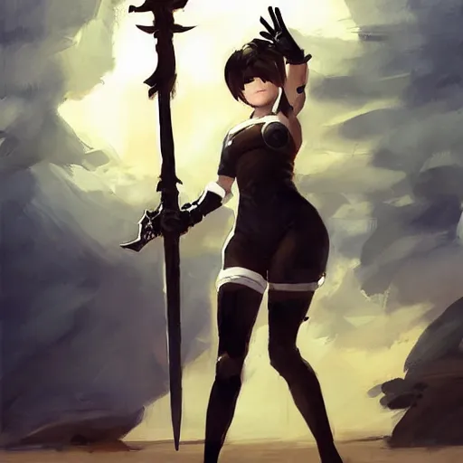 Image similar to greg manchess portrait painting of 2 b nier automata as tracer from overwatch on the beach holding a sword, organic painting, sunny day, matte painting, bold shapes, hard edges, street art, trending on artstation, by huang guangjian and gil elvgren and sachin teng