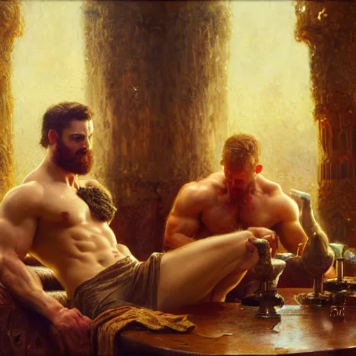 Prompt: attractive muscular mike with ginger hair with muscular attractive tyler with brunet hair, drinking their hearts out, in their noble mansion. very defined and highly detailed painting by gaston bussiere, craig mullins 8 k