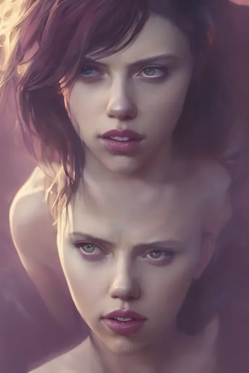 Image similar to a portrait of a very attractive succubi Scarlett Johansson by Greg Rutkowski, Sung Choi, Mitchell Mohrhauser, Maciej Kuciara, Johnson Ting, Maxim Verehin, Peter Konig, final fantasy , mythical, 8k photorealistic, cinematic lighting, HD, high details, atmospheric,