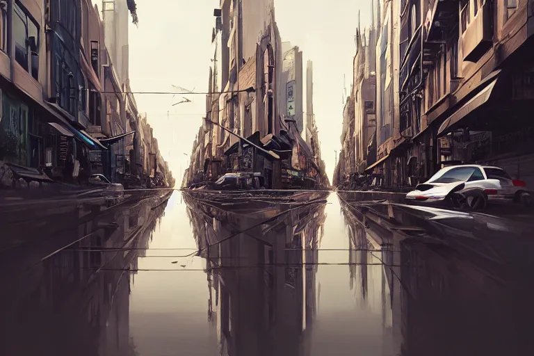 Image similar to urban street bended and transformed like in inception, highly detailed, photorealistic, reflections, smooth, sharp focus, concept art, illustration, beautiful, geometric, trending on artstation, cinematic, featured on behance , artwork by WLOP and Tran, Ross