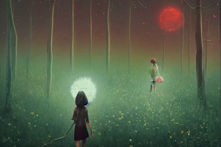 Image similar to giant daisy flowers head, girl walking in forest, surreal photography, dark night, stars, moon light, impressionist painting, clouds, digital painting, artstation, simon stalenhag