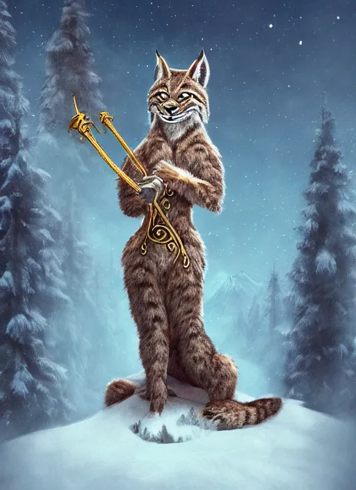 Prompt: anthropomorphic lynx holding a golden intricately decorated shiny scepter, night, spruce trees on the sides, mountains in the background, eerie dark atmosphere, moonlit, back light, in the style of fantasy movie, fantasy art, fantasy matte painting, trending on artstation