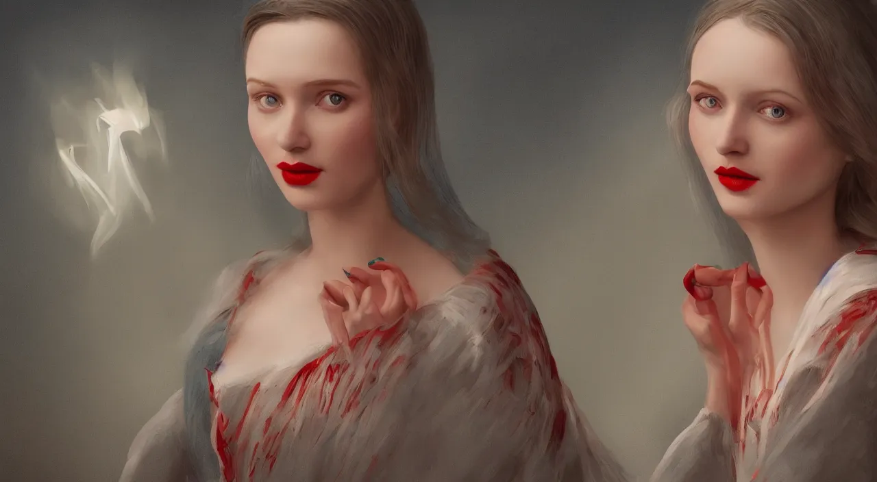 Prompt: a matte painting of Female character, pale skin, 27, red lips, Ukrainian traditional clothes, herring motive by Frank Lloyd Wright and Zaha Hadid torch volume light stylized illustration digital airbrush painting, 3d rim light, hyperrealistic masterpiece, artstation, cgsociety, kodakchrome, golden ratio