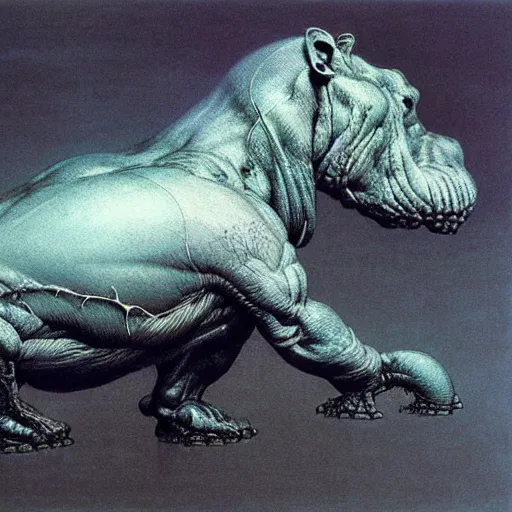 Image similar to a side view of spirit of hippopotamus, highly detailed, art by ayami kojima, beksinski, giger