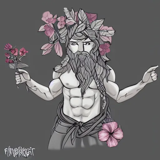 Image similar to male firbolg druid with vines and hibiscus flowers as hair simple drawing, comic style