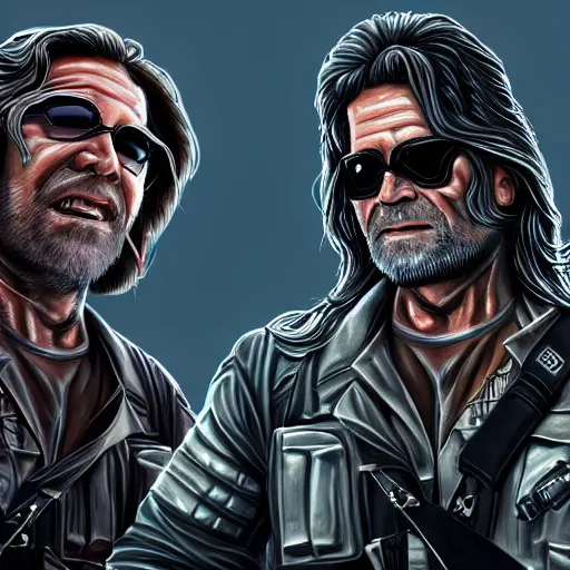 Prompt: Snake Plissken standing next to an alien, digital art, trending on artstation, highly detailed