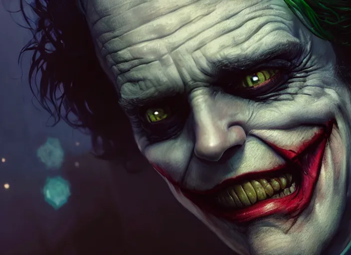 Prompt: highly detailed portrait of mark hamil as the joker, in batman : arkham knight, stephen bliss, unreal engine, fantasy art by greg rutkowski, loish, rhads, ferdinand knab, makoto shinkai and lois van baarle, ilya kuvshinov, rossdraws, tom bagshaw, global illumination, radiant light, detailed and intricate environment