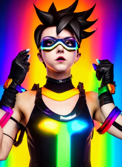 Image similar to full body overwatch style oil painting portrait of tracer overwatch, confident pose, wearing black jagged iridescent rainbow latex armor, rainbow, neon, 4 k, expressive surprised expression, makeup, wearing large rainbow neon choker, studio lighting, black leather harness, expressive detailed face and eyes,