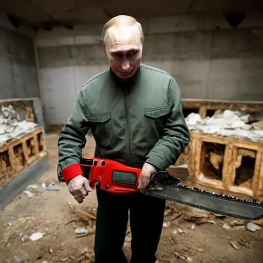 Image similar to putin with a chainsaw. in a concrete bunker with a pile of corpses. focus on putins face with blood splatters. canon eos r 3, f / 1. 4, iso 1 6 0 0, 1 / 8 0 s, 8 k, raw, grainy