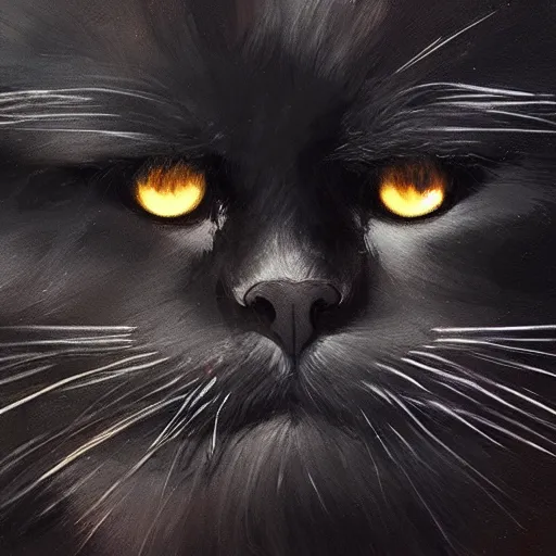 Image similar to closeup portrait of black persian cat staring contemptuously at people, painted by greg rutkowski, painted by igor kieryluk, trending on artstation