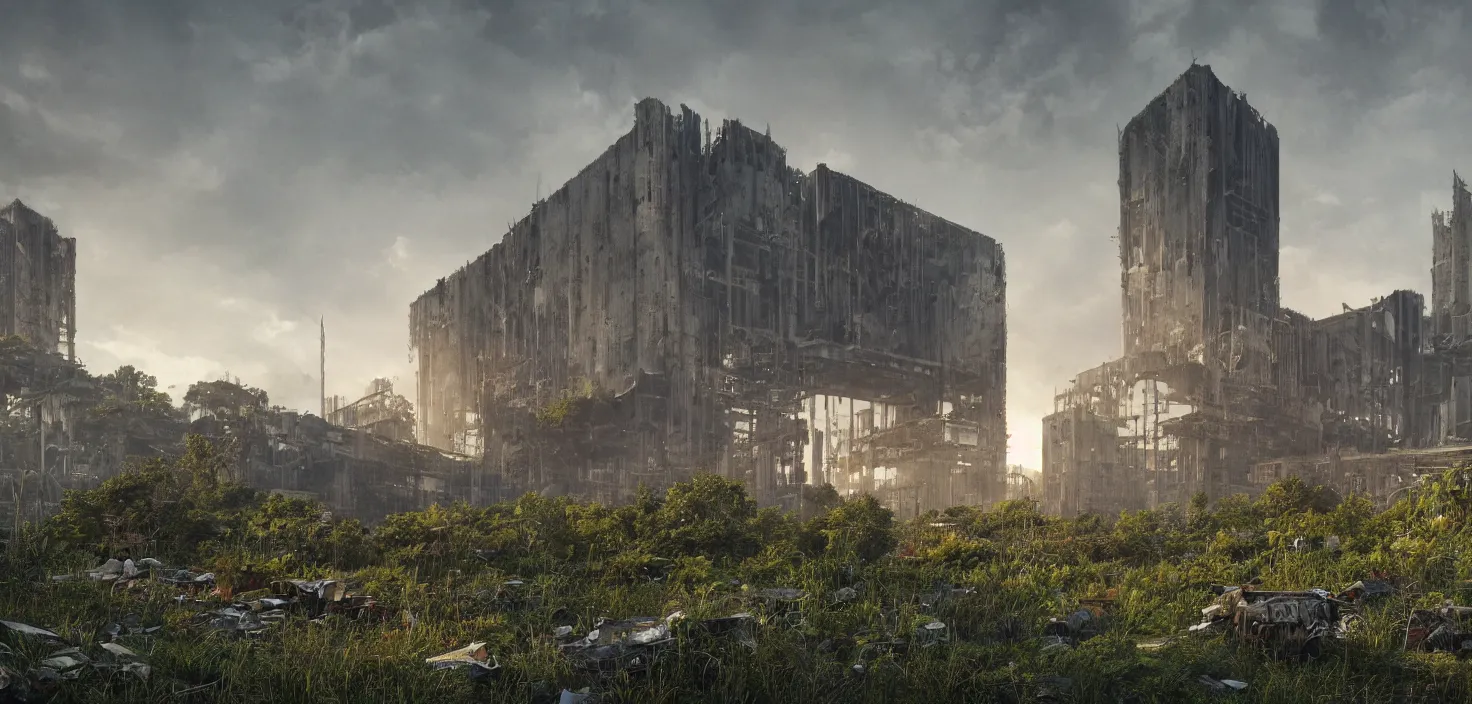 Image similar to an extremely detailed cathedral of brutalist architecture, surrounded by lush green vegetation, stunning volumetric lighting, sunset, rusted metal, concrete, translucent material, stunning skies, scattered rubbish and debris, 8k, photorealistic, hyper detailed, unreal engine 5, IMAX quality, cinematic, epic lighting, digital painting in the style of DOOM and Quake, by Greg Rutkowski, trending on Artstation
