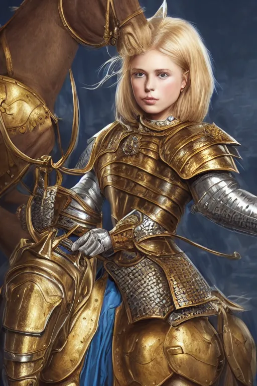 Prompt: highly detailed full body portrait painting of a proud young female knight in the style of Warhammer Fantasy by Artgerm and Arian Mark, medium length blonde hair, blue eyes, golden earrings, no helmet, low angle shot, highly detailed, trending on artstation, cgsociety, 4k, 8k, HDR, octane render, unreal engine