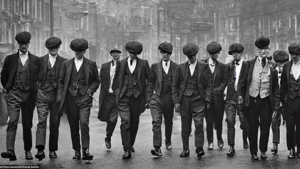 Image similar to a group peanut mans dressed like the peaky blinders