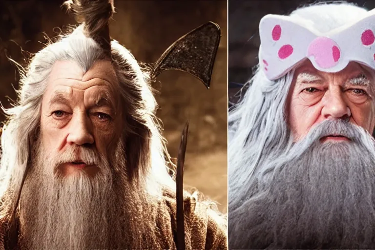 Image similar to portrait of Gandalf dressed up like hello kitty, smiling warmly, sunrise, movie still from Lord of the Rings, cinematic