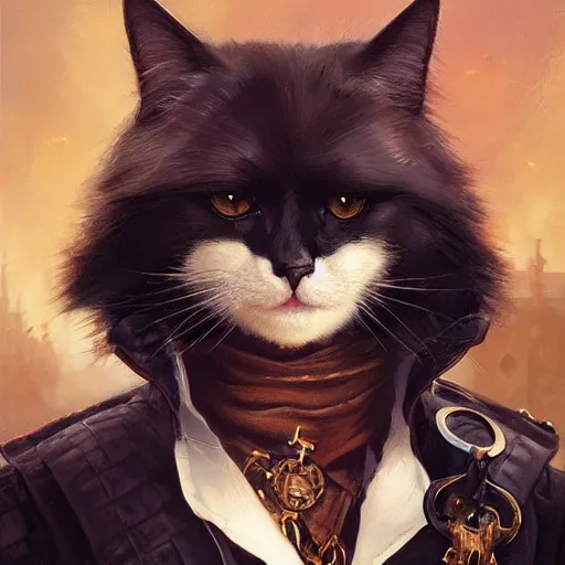 Image similar to portrait, male humanoid cat, eye patch on one eye, black fur, pirate, doctor, pirate clothes, d & d, fantasy, intricate, elegant, highly detailed, digital painting, artstation, concept art, matte, sharp focus, illustration, art by artgerm and greg rutkowski and alphonse mucha