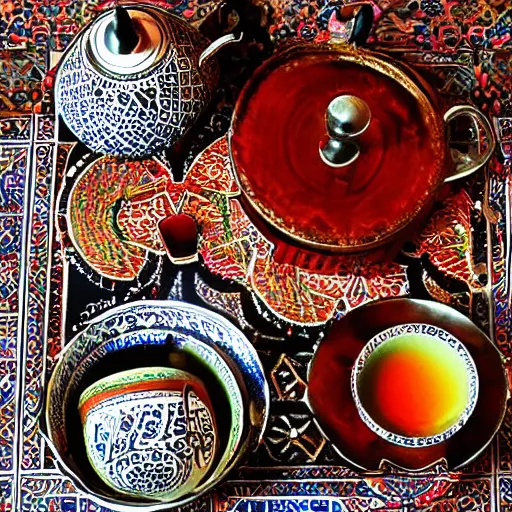 Image similar to Arabic calligraphy, Moroccan tea set, by pollock