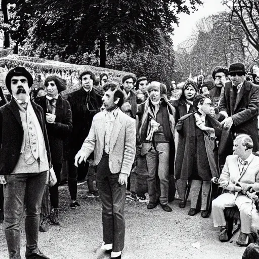 Image similar to 35mm photograph of Marcel Proust exiting a time machine in the middle of Luxembourg Gardens, Paris, 1973, in front of a stunned crowd