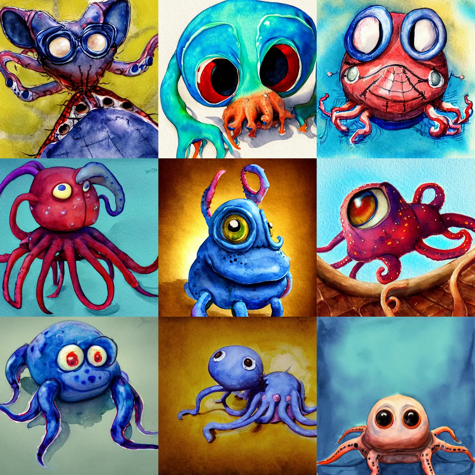 Prompt: portly spider - squid piglet creature wearing a bandana, watercolor painting, six eyes, cerulean blue and burnt sienna, tonalist portrait, 3 / 4 lighting, subsurface scattering, rim light, rococo, baroque, american realist, shallow depth of field, bokeh effect, ambient occlusion