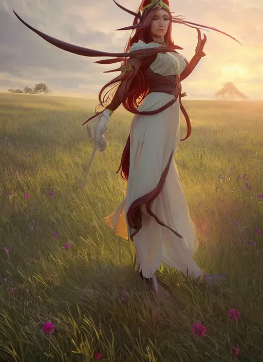 Prompt: A stunning elf female on a beutiful meadow, afternoon, art by Artgerm and Greg Rutkowski and Alphonse Mucha and miro manara, unreal 5, DAZ, hyperrealistic, octane render, RPG portrait, ambient light, dynamic lighting