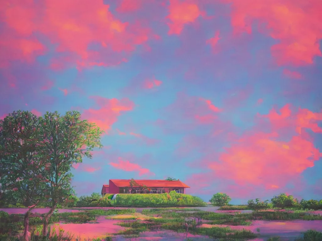 Prompt: A beautiful painting of a building in a serene landscape, retrowave