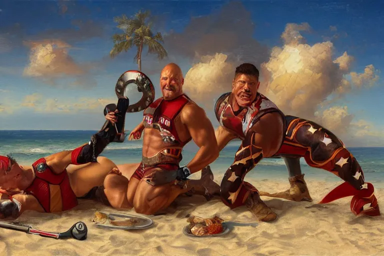 Prompt: portrait of american gladiators malibu and nitro on the beach, an oil painting by ross tran and thomas kincade