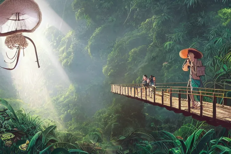 Prompt: a young indiana jones on a suspended wooden bridge entering a vast jungle with a distant clearing, giant mushrooms, half hidden bali moussu statue, white parrots flying, large rocks with thick moss, banana trees, beautiful large flowers, god rays light. very graphic illustration by moebius and victo ngai, ghibli spirited away vibe, dynamic lighting, night mood