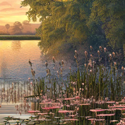 Image similar to a majestic blue heron in shallow river, waterfalls in distance, left border beautiful willow, right border cherry blosom trees, lily pads bullrushes marsh clouds, golden hour intricate by mcquarrie martin lagerstadt, digital art, highly detailed, artstation