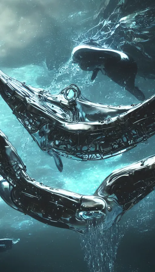 Image similar to summoning a beautiful biomechanical orca spirit from the ocean, organic and robotic, made up of metal, skin, and plastic, shiny, metallic, wet, solarpunk, post apocalyptic, hyper realistic, cinematic angle, octane render unreal engine render, 8k, super detailed, SLEEK!!!