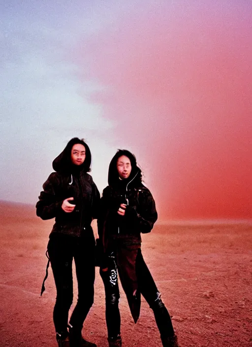 Image similar to cinestill 5 0 d photographic portrait of two loving female androids wearing rugged black techwear on a desolate plain with a red sky, extreme closeup, lizard on ground, cyberpunk style, in front of a brutalist dark metal facility, dust storm, 3 5 mm, 8 k, f / 3 2, high resolution, ultra realistic faces