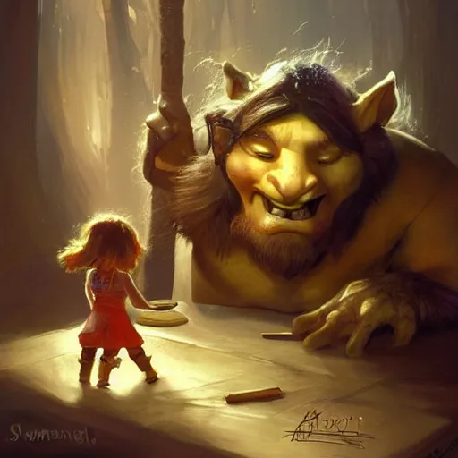 Image similar to an illustration shows a table with a little girl next to a troll holding onto the, concept art by slawomir maniak, trending on artstation, fantasy art, fantasy art