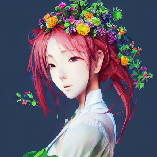 Prompt: the portrait of an absurdly beautiful, graceful, elegant, young japanese anime girl made of strawberries and green petals, an ultrafine hyperdetailed illustration by kim jung gi, irakli nadar, intricate linework, bright colors, octopath traveler, final fantasy, angular, unreal engine 5 highly rendered, global illumination, radiant light, detailed and intricate environment