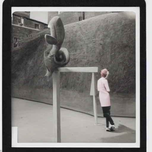 Image similar to polaroid of a skater girl inspecting a sculpture by leonora carrington