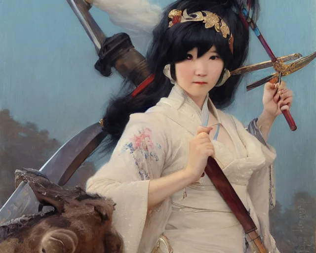 Image similar to a young japanese princess lady with white hair and bangs!!!!, posing with a sword killing an ox, white hair highly detailed painting by gaston bussiere, craig mullins, j. c. leyendecker 8 k