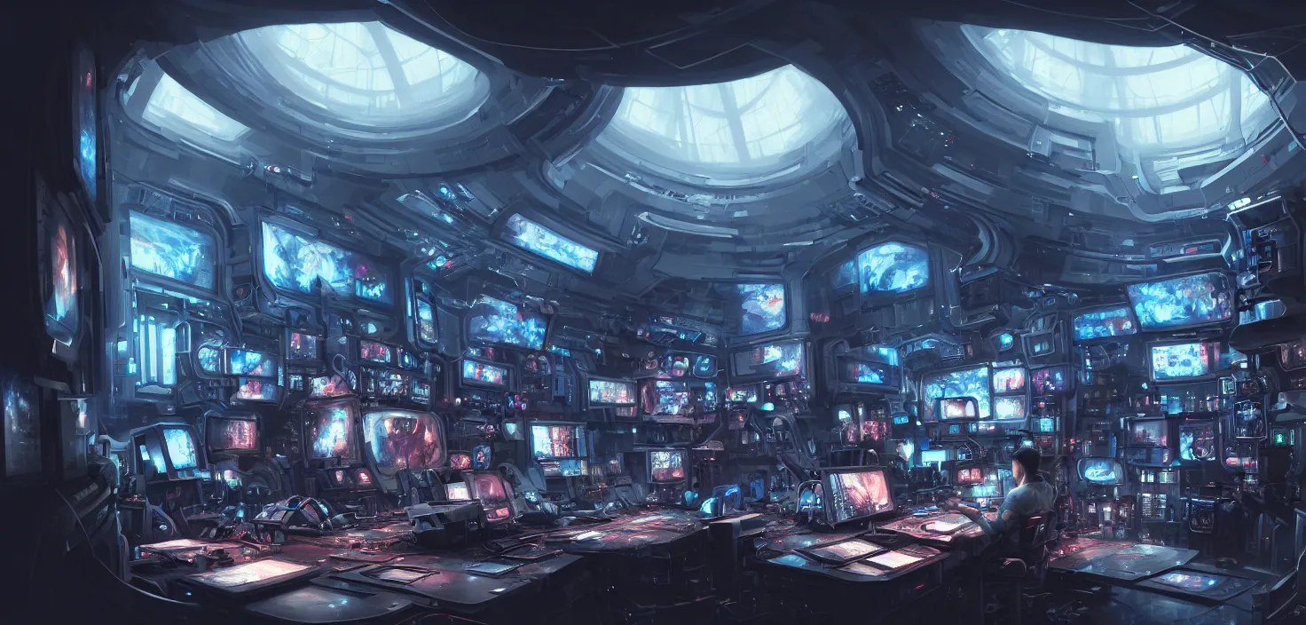 Image similar to a hyper detailed octane render concept art by xision wu, kerem beyit, sandara tang portrait of cyberpunk panel control spaceship room, dim lighting, detailed portraits, unreal engine 5, highly rendered, digital painting, hyper realistic, photo realistic, artstation, concept art, smooth, sharp focus perfect horizontal, symmetry illustration, detailed and intricate environment artstation hq