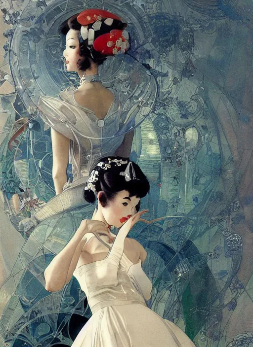 Prompt: a low angle copic maker art nouveau portrait of a japanese futuristic girl detailed features wearing a latex wedding dress with a puffy skirt designed by balenciaga by john berkey, norman rockwell akihiko yoshida