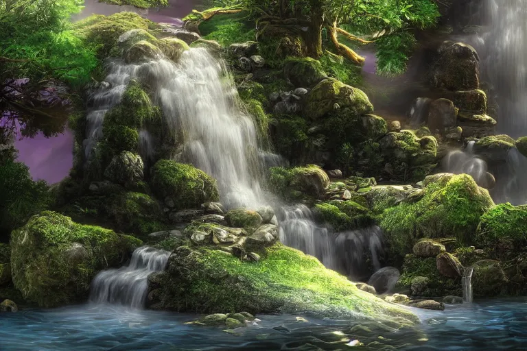 Image similar to a fantasy enchanted waterfall. cinematic lighting. photorealism.