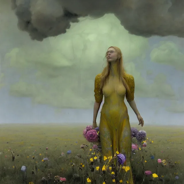 Prompt: A portrait of a woman wearing clothes made out of thunder clouds and flowers, apocalypse, silhouettes floating in the air in the background, yellow skin, Masterpiece, glowing, wires everywhere, by Edgar Maxence and Ross Tran, Zdzisław Beksiński, and Michael Whelan, distant, gustav dore, H.R. Giger, 8k, octane render