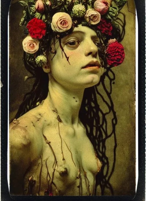 Image similar to beautiful and detailed rotten woman made of plants and many types of stylized flowers like carnation, chrysanthemum, roses and tulips, intricate, john constable, guy denning, gustave courbet, caravaggio, romero ressendi 1 9 1 0 polaroid photo