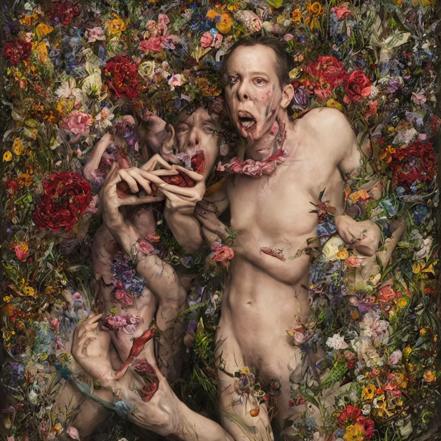 Image similar to male portrait of anorexic john zorn todd solondz eating rotten flesh and puking blood wearing a thong, surrounded by flowers by karol bak, james jean, tom bagshaw, rococo, trending on artstation, cinematic lighting, hyper realism, octane render, 8 k, hyper detailed.