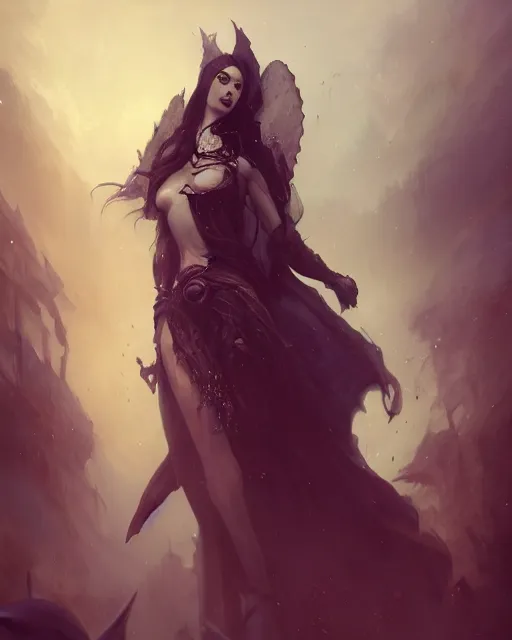 Image similar to bastien lecouffe deharme and wlop detailed portrait digital rococo painting of a beautiful serious villainess wearing fantasy clothing like liliana vess, villainess has black angel wings, evil mood, hellish battlefield in the background, unreal engine, embers flying, hyper realism, realistic shading, cinematic composition, blender render, octane render, ultrawide shot