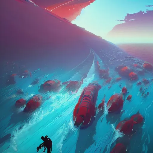 Prompt: a beautiful painting of the red sea and blue sky by nekro and pascal blanche and john harris and greg rutkowski and sachin teng and victo ngai and simon stalenhag. in style of vector art. brush stroke, neon genesis evangelion, hyper detailed. octane render. trending on artstation