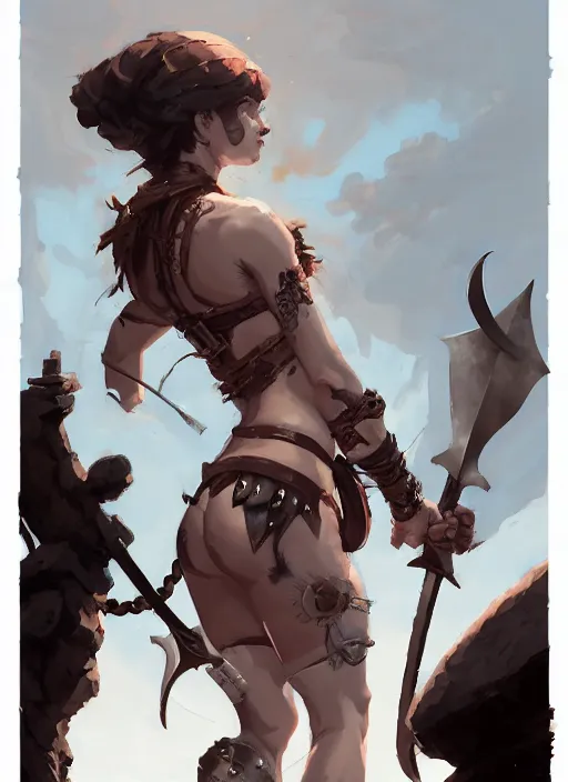 Image similar to portrait of cute muscular warrior girl cowered in celtic tattoos, dressed in armor bikini, holding a sword, dark fantasy, by atey ghailan, by greg rutkowski, by greg tocchini, by james gilleard, by joe gb fenton, by kaethe butcher, dynamic lighting, gradient light blue, brown, blonde cream and white color in scheme, grunge aesthetic