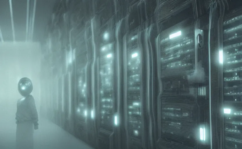 Prompt: extremely detailed cinematic movie still 3 0 7 7 foggy portrait closeup shot of a minion in an endless data centre by denis villeneuve, wayne barlowe, simon birch, marc simonetti, philippe druillet, beeple, bright volumetric sunlight from small windows, rich moody colors, closeup