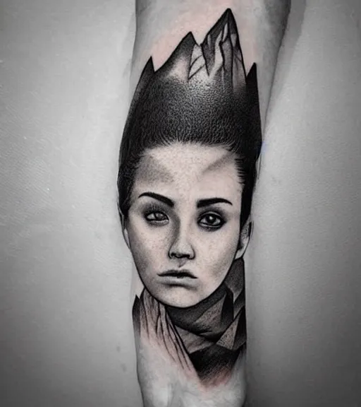 Image similar to amazing fade art of a hyper realistic mountain scenery with a beautiful woman face, tattoo design sketch, in the style of matteo pasqualin, hyper - realistic, amazing detail, black and white