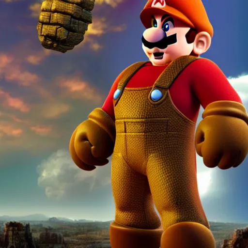 Prompt: super mario standing atop a defeated thanos, highly detailed, photorealistic