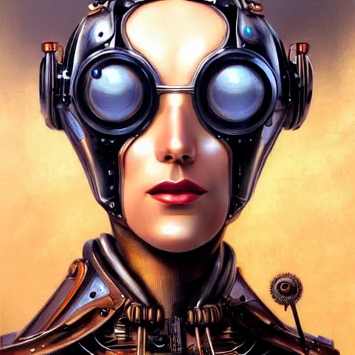 Prompt: close - up portrait of a beautiful female steampunk android in the style of karol bak, moebius